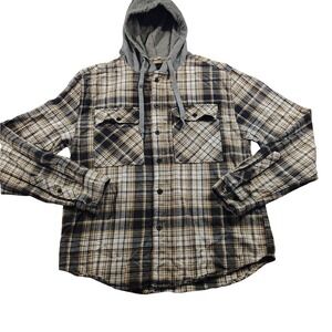 No Boundaries Mens Plaid Flannel Hooded Shirt Oversized Fit Brown Black Size S‎